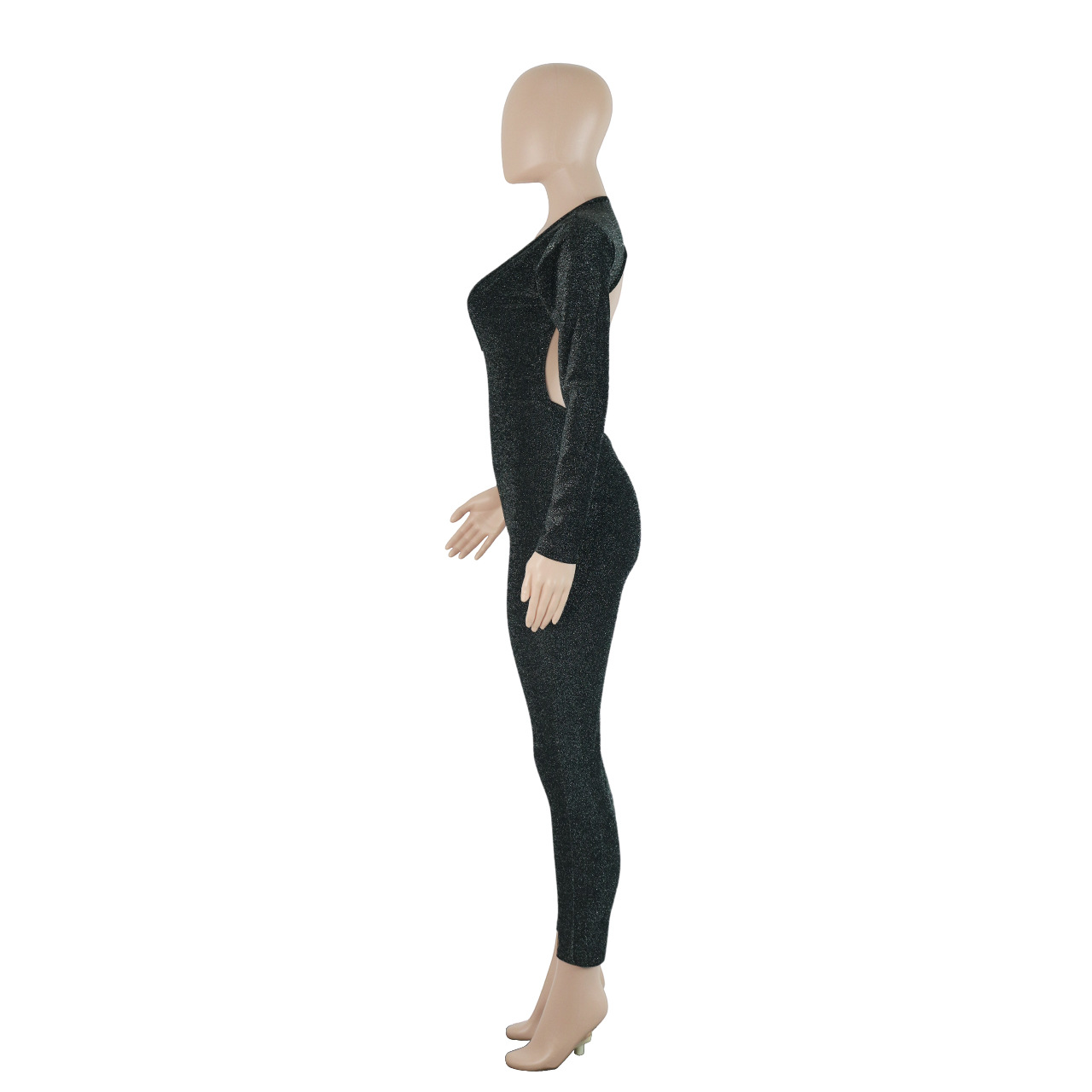 Women Clothing Eaby Deep V Plunge neck Night Club Bright Silk Slim Hollow Out Cutout Sexy Jumpsuit