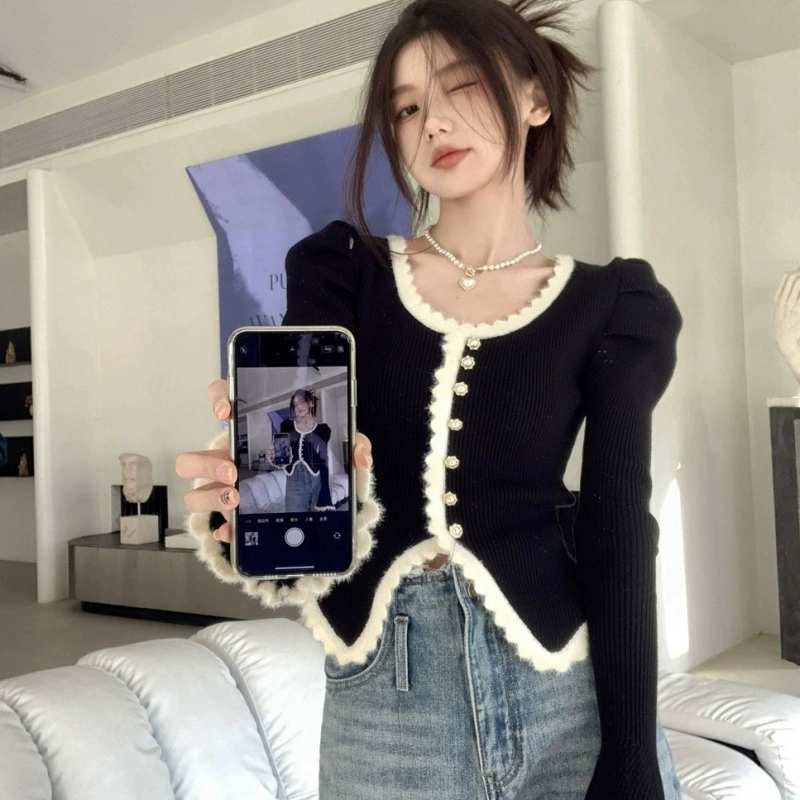 [752 изделия продано за 30 дней] Осенне-зимнее slimming и нерегулярный дизайн с маленькими ароматными кружевными строчками рукав puff