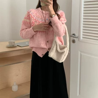 韩版撞色提花针织开衫女宽松短款慵懒风拼色上衣秋冬新款毛衣外套