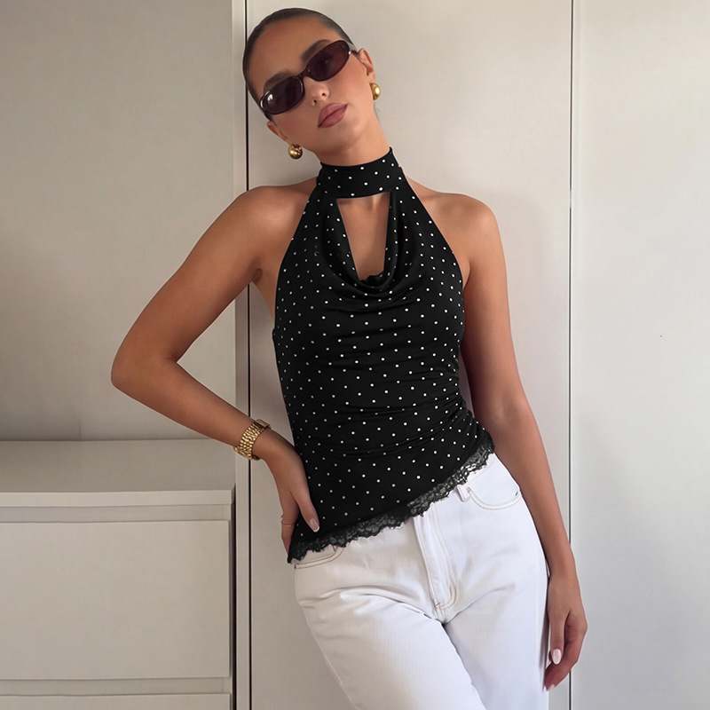 European And American Women's Clothing 2026 Summer New Fashion Polka Dot Lace Slim-fit Versatile Backless Strap-up Tube Top_ecoleips.com