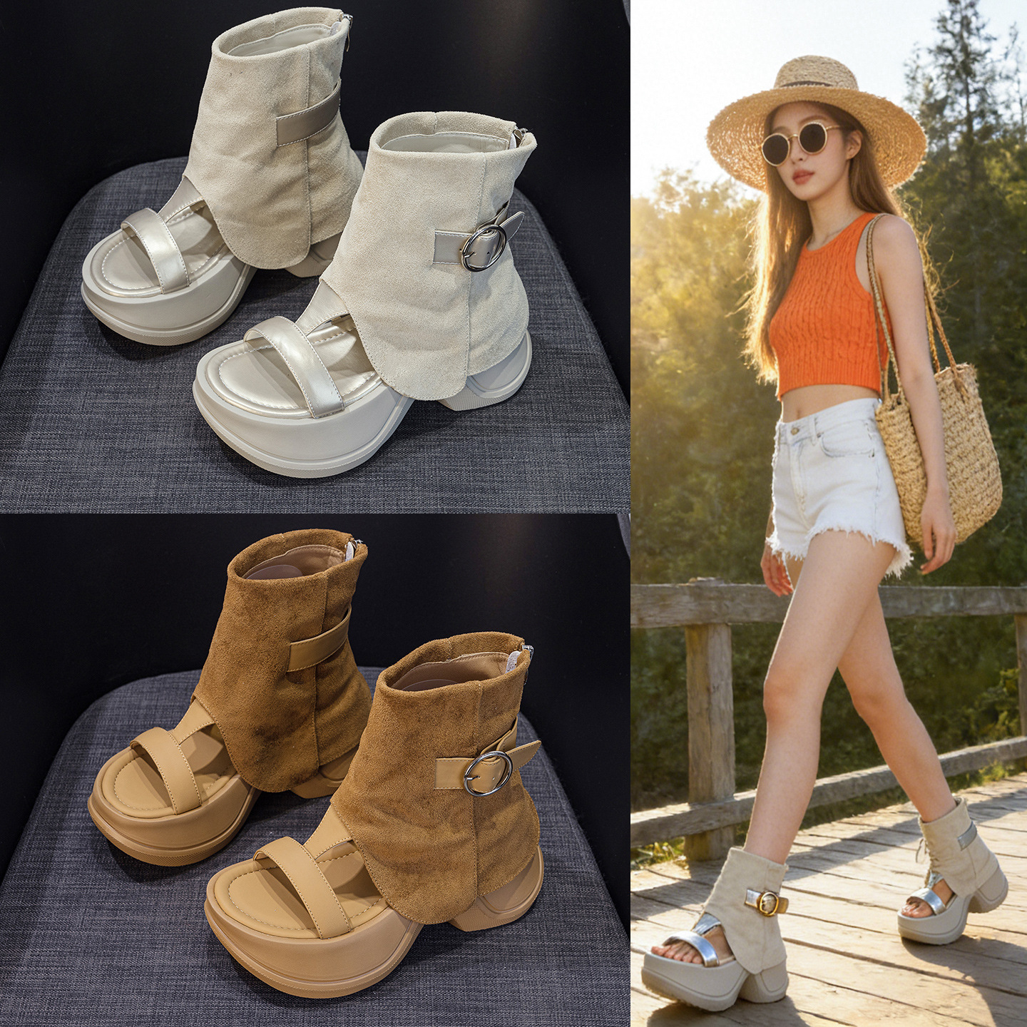 Sandal nữ đế dày hở mũi phong cách La Mã mùa hè 2026 — Nâu caramel 5069-1, Be 5069, Đen 5069-1, Nâu caramel 5069