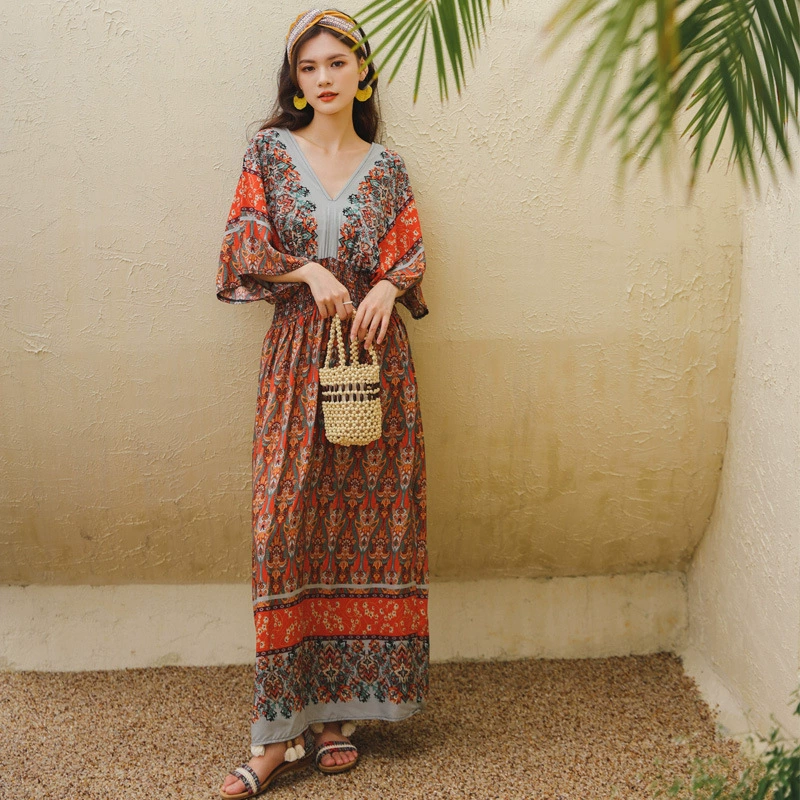 Реальный выстрел этнический стиль пляжное платье печатных Приморский отдых богемной длинное платье Плюс Размер Тонкий платье пляжное платье