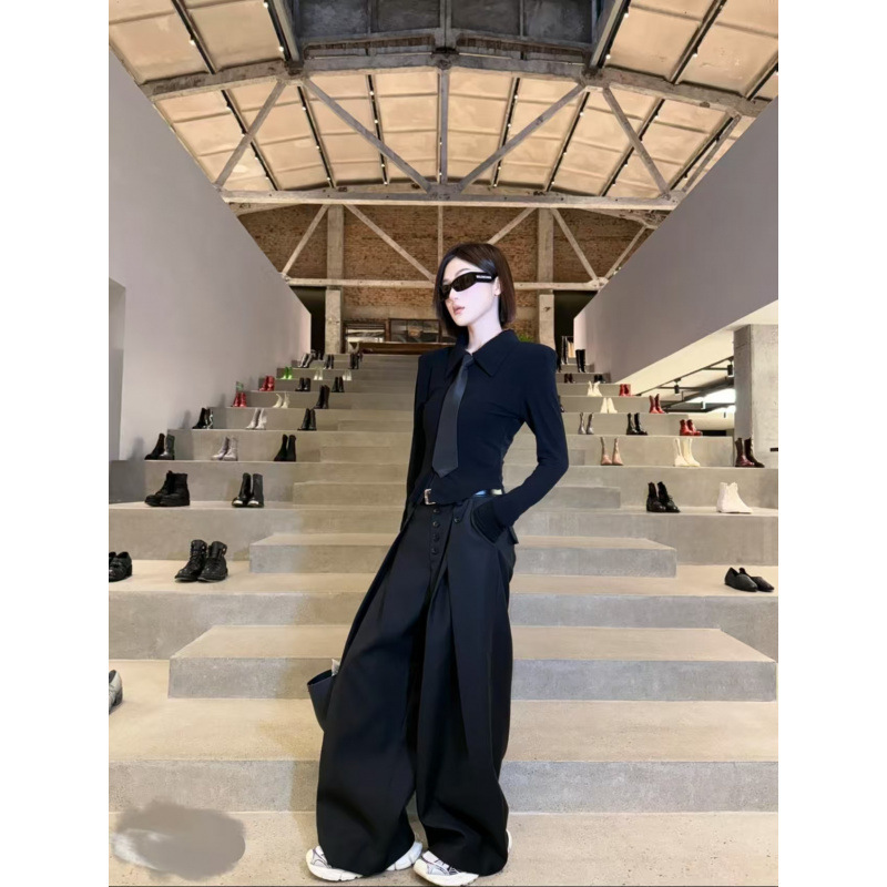 邓蕾婷 领带设计洋气小众修身显瘦时尚打底上衣+显瘦百搭阔腿裤|undefined