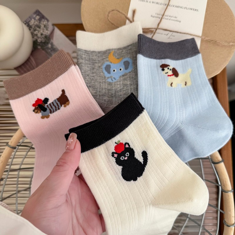 Socks for Women Summer Thin Cartoon Puppy Socks Soft and Waxy Ab Style K-Style Japanese Style Style Color Matching Cute Boneless Mid-Calf Socks