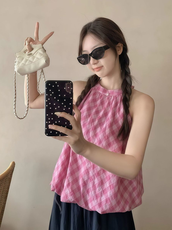 粉色格子无袖吊带背心女夏季甜美宽松外穿设计感chic显瘦花苞上衣|undefined
