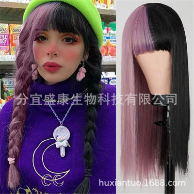 跨境cosplay欧美假发女黑紫双色阴阳头齐刘海长直发化纤头套批发