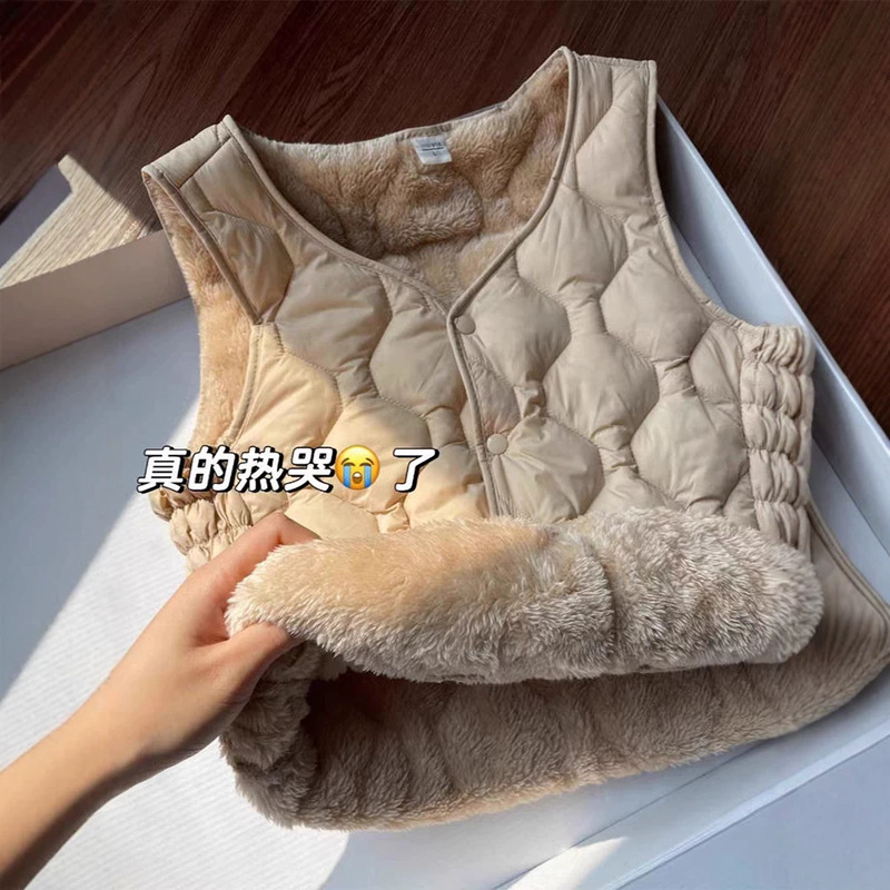 Women's down cotton vest for autumn and winter, with added fleece and thick lamb wool, suitable for inner wear, warm short outer vest