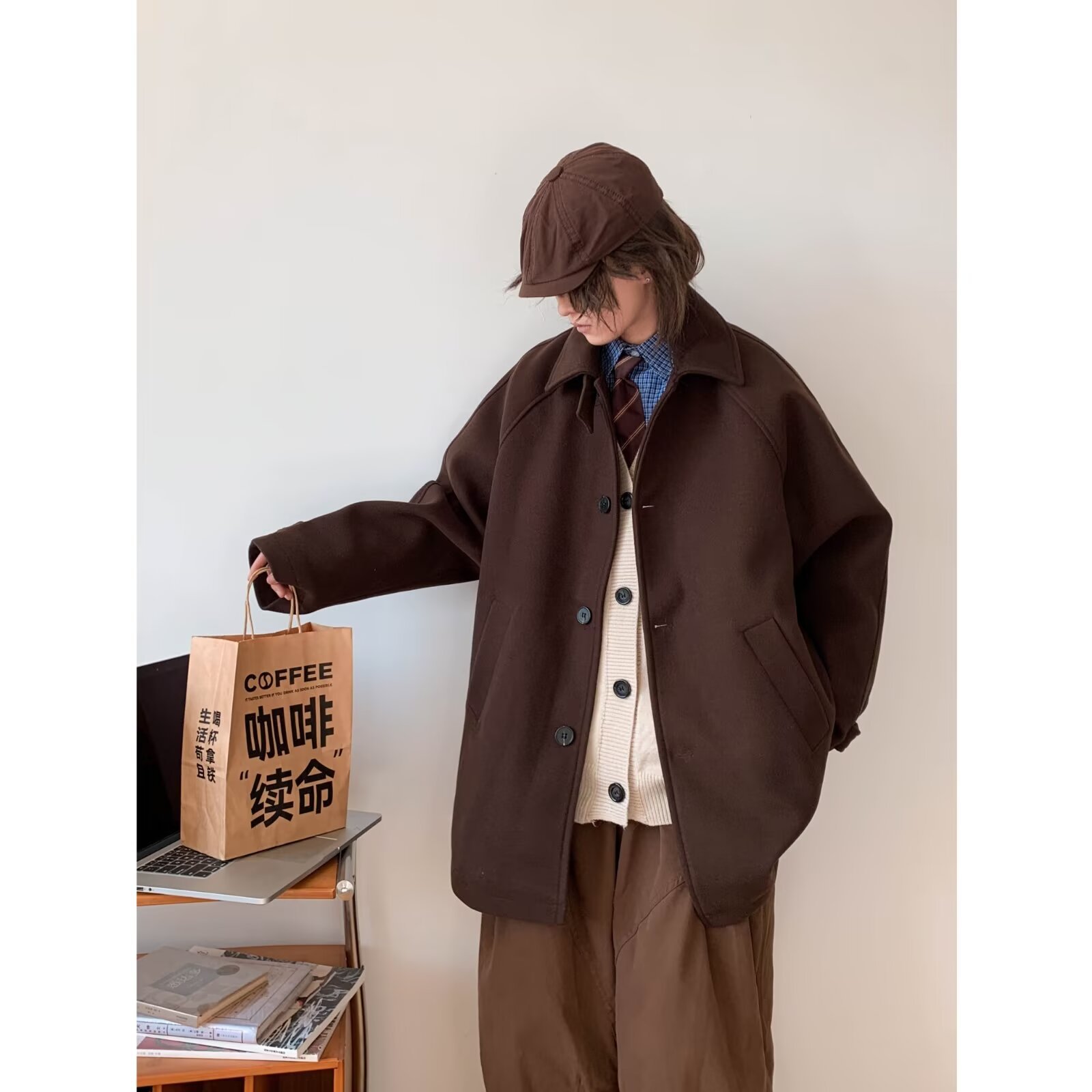 24 새로운 캐시미어 코트 여자 짧은 느슨한 세트 스타일 올매치 양면 양모 캐주얼 코트