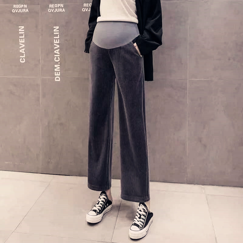 Pantalones de primavera y otoño de las mujeres embarazadas Pantalones anchos de terciopelo chenille pantalones de verano ropa exterior pantalones casuales nuevos pantalones de apoyo del vientre con forro polar rectos
