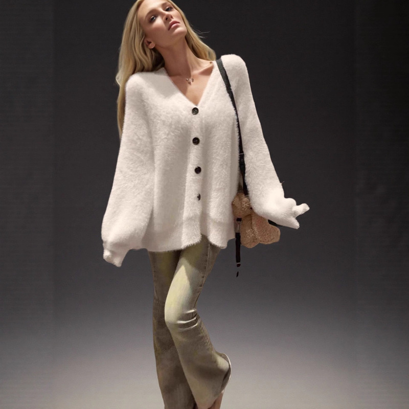 European and American Cross-Border Amazon Autumn and Winter Mink Velvet Large Size V Neck High-End Knitted Cardigan Lazy Style Women's Sweater
