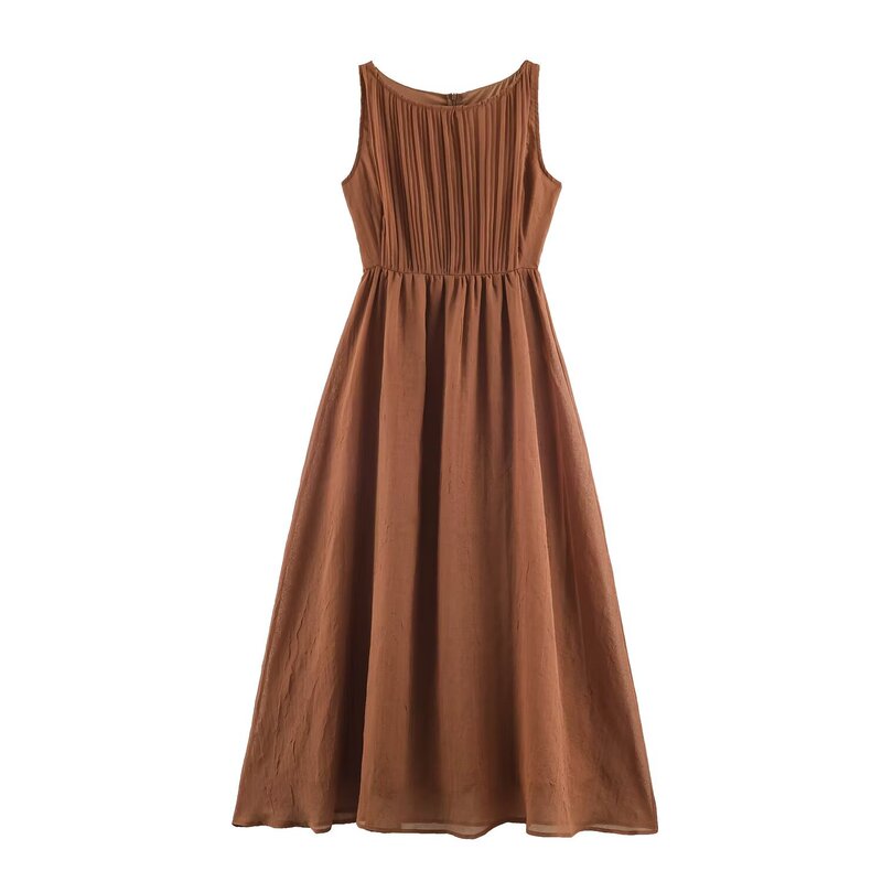 PB&ZA Women's Clothing 2026 Summer New Collection: Brown Textured Elegant Round Neck Pleated Sleeveless Long Dress PB&ZA Women's Clothing 2026 Summer New Collection: Brown Textured Elegant Round Neck Pleated Sleeveless Long Dress