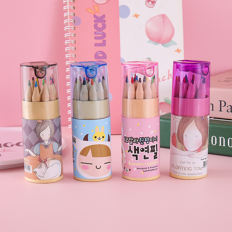 Coreana encantadora flotante 12 lápiz de color dibujos animados barril de dibujo de estudiantes de arte lápiz con cuchillo de lápiz