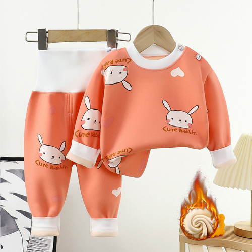 Winter and Autumn Children's Fleece High-Waist Pants Warm Innerwear Set for Boys and Girls, Baby-Thick Autumn Top and Bottom Pajamas, Can Be Sent in One Piece