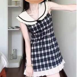 设计感减龄黑白格无袖连衣裙女外穿海军领少女遮肚子显瘦 a字短裙