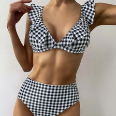 跨境歐美性感新款格子V領聚攏分體兩件套比基尼荷葉邊肩帶游泳裝