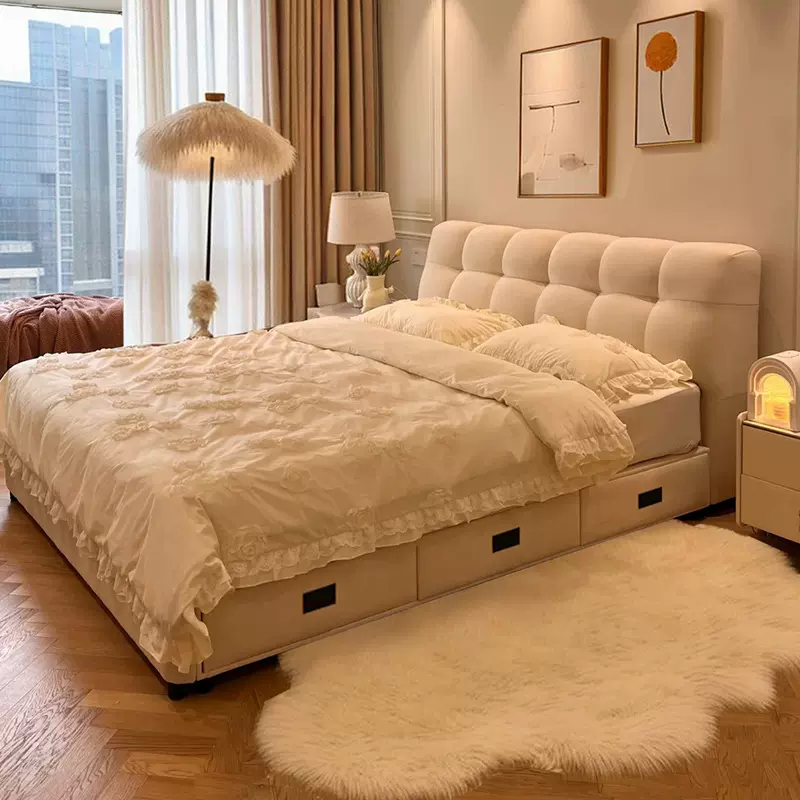 奶油风泡芙布艺床现代简约科技布2米×2米主卧双人床软包储物婚床