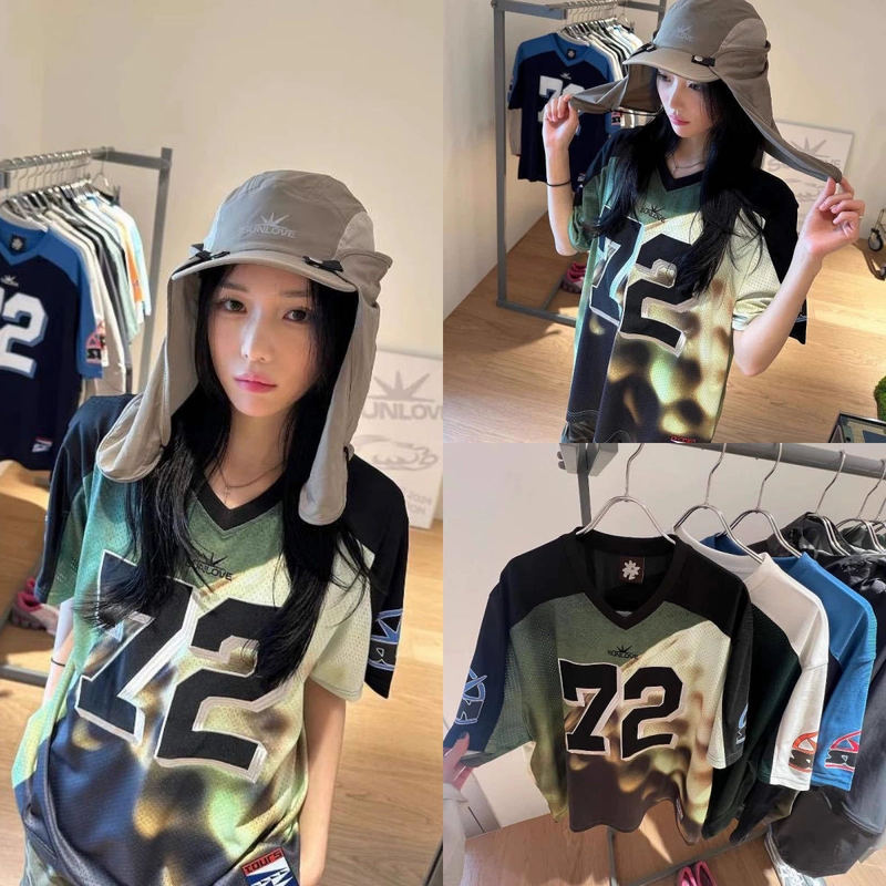 Spot Korean Niche Designer Trendy Brand Jennie Same Style Retro V-Neck Digital Jersey T-Shirt Women's Summer Top