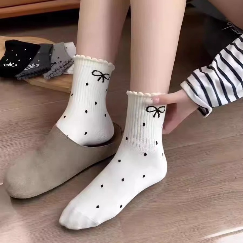 春秋女袜中筒圆点花边蝴蝶结潮流日系网红中筒女士甜美学生袜|undefined