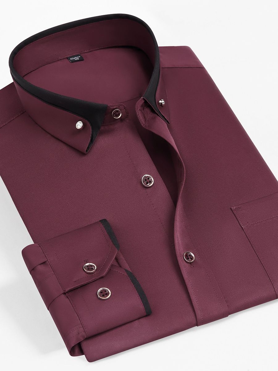 Camisa elástica de manga larga antiarrugas hebilla de diamante contraste color collar hombres de negocios casual Four Seasons camisa de bolsillo para hombre