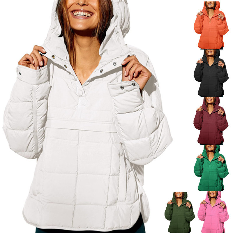 2023 Cross-Border Amazon Autumn and Winter Solid Color Hooded Cotton Clothes Foldable Stuffed Pullover Pocket Long Sleeve Jacket for Women