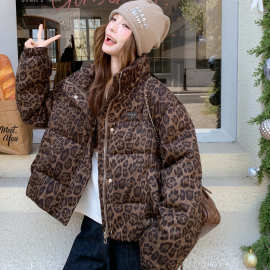 时尚豹纹立领短款羽绒服女2025冬季新款女高级感白鸭绒外套HS3363