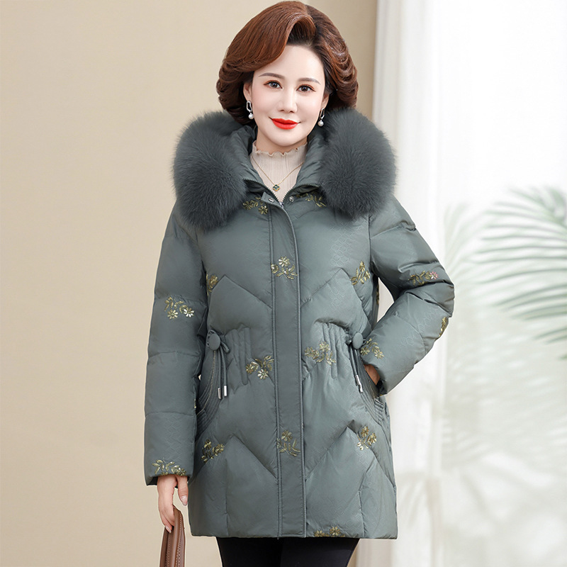 Light Luxury Middle-Aged and Elderly White Duck down Jacket 2025 New Mid-Length Fashionable Fox Fur Collar Winter Jacket