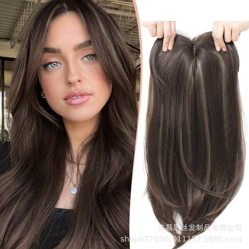 跨境欧美假发女 化纤发块八字刘海长直发头顶补发块遮白发隐形wig|undefined