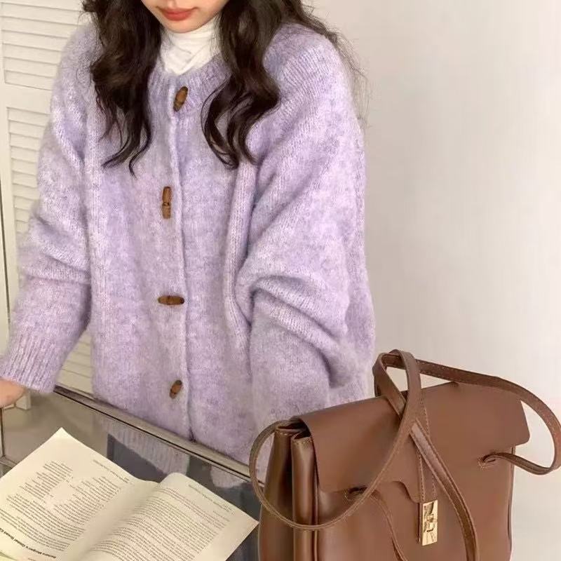 Korean Autumn and Winter New Style Horn Button Design Mixed Color Long Camel Hair Raglan Long-Sleeved Knitted Cardigan Sweater Jacket