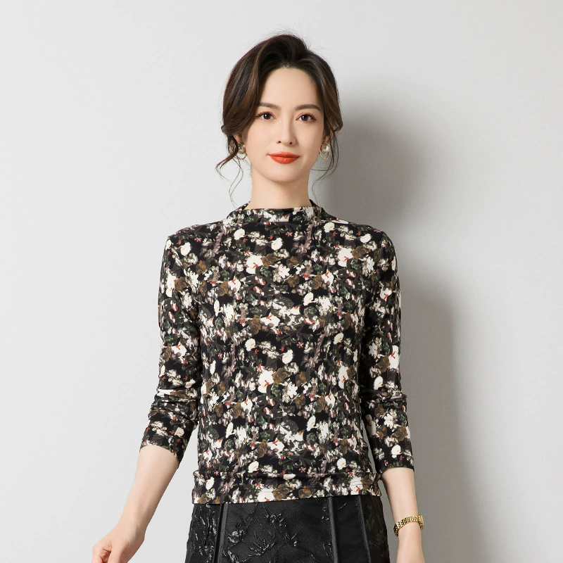 Da Factory Прямая продажа шелковицы шелковицы атласный принт топ женская мода мама с длинными рукавами маленькая рубашка шелковицы верхняя одежда F9098