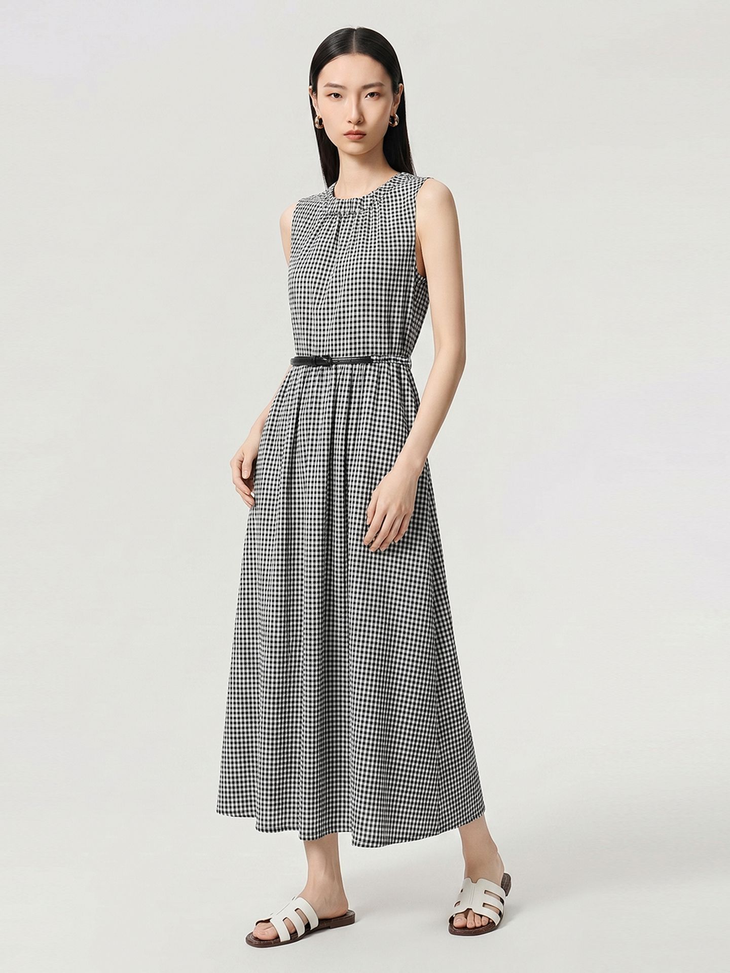 Đầm maxi nữ thắt eo họa tiết kẻ ô cổ điển, tay không, phong cách Pháp — Lưới đen trắng