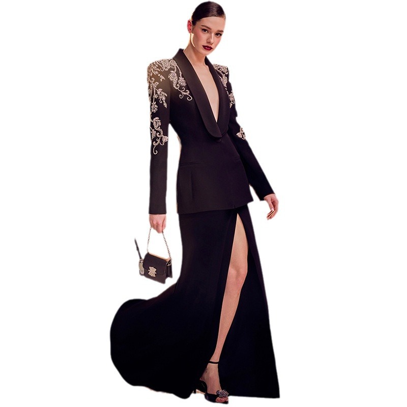 Women's Clothing Spot 2024 new star fashion heavy diamond beaded suit jacket slit fishtail long skirt_voghion.com