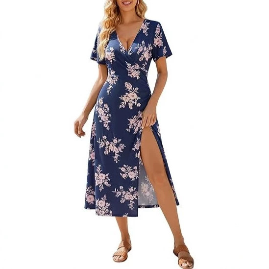 Women's Summer Floral Tank Dress with Short Sleeves, Wrap-Style V-Neck, Ruched Waist, A-Line Mid-Length Dress with Side Slit Women's Summer Floral Tank Dress with Short Sleeves, Wrap-Style V-Neck, Ruched Waist, A-Line Mid-Length Dress with Side Slit