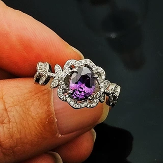 直播新款仿彩宝紫水晶戒指女时尚百搭高碳钻玫瑰花朵开口戒指飾品