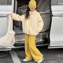 女童加绒休闲套装2025冬新款中大童时髦洋气加绒毛毛衣裤子两件套