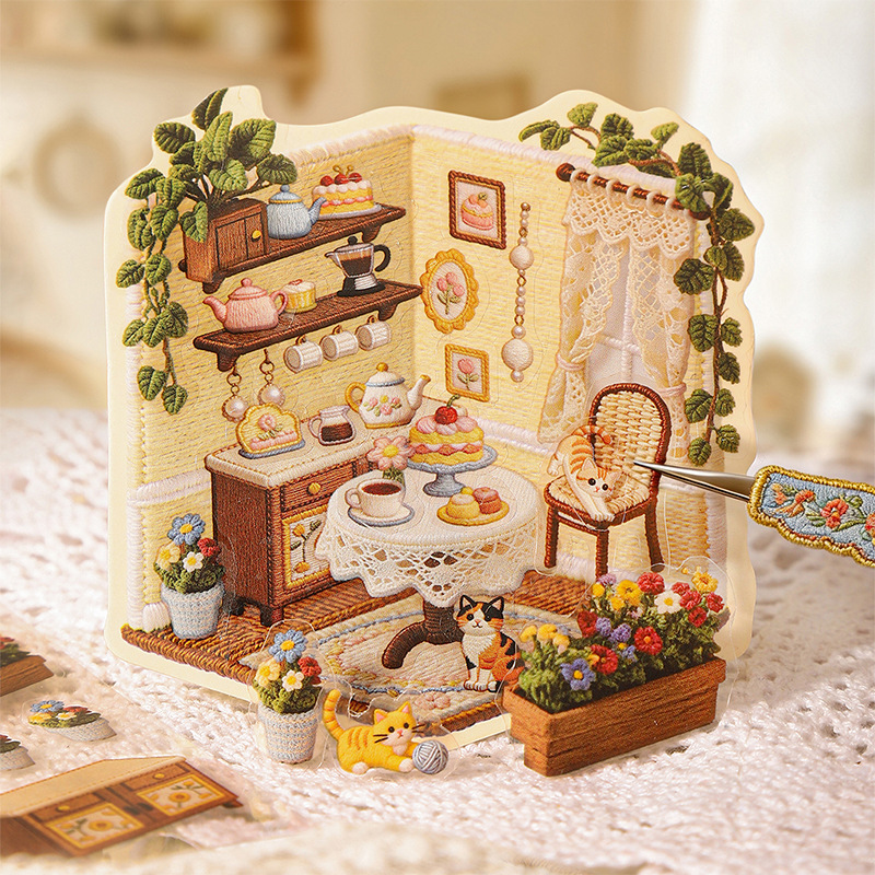 Tomato Sauce Miniature Landscape Sticker Pack: Embroidered Spring Day Creative 3D Scene DIY Journal Decoration Collage