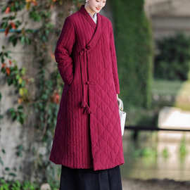 新中式立领斜襟流苏纯色2025冬季新款加厚保暖长款文艺复古风女棉