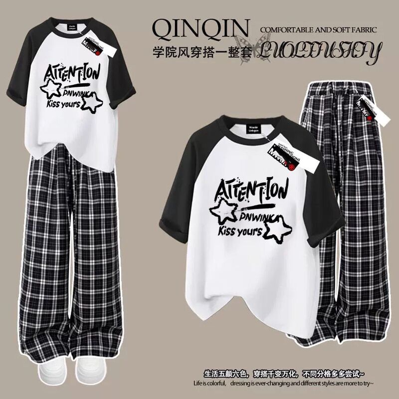 女子学生向けの夏の人気半袖Tシャツ単品/セット、甘いスタイル、ゆったりカジュアルなワイドパンツ、トレンドの2点セット|undefined