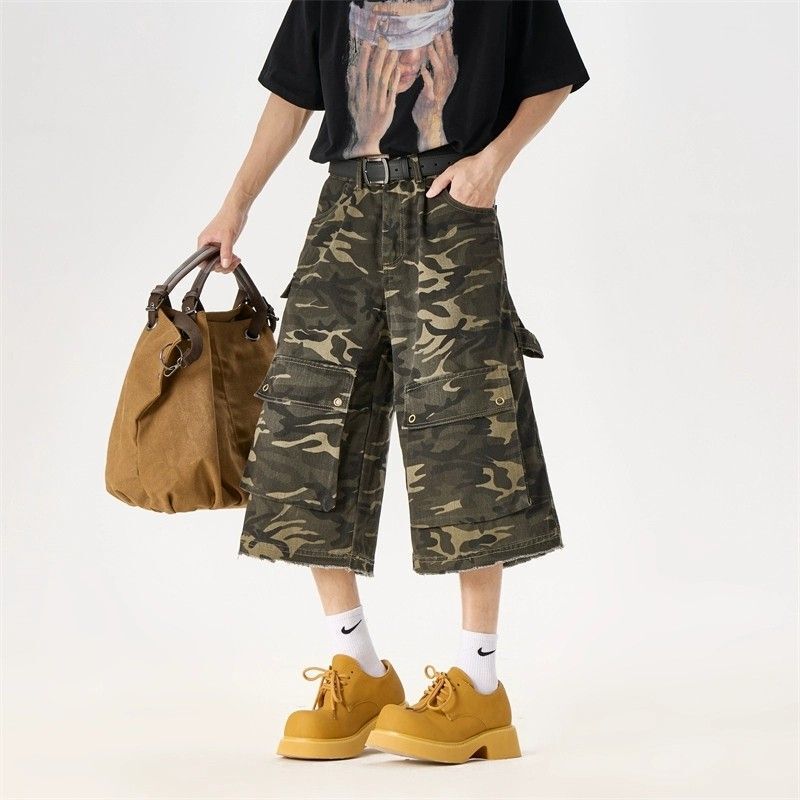 American Retro Heavy-Duty Frayed Camouflage Denim Shorts Unisex Loose Pocket Wide-Leg Workwear Cropped Pants Summer