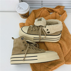 2023冬高幫加絨羊羔絨帆布鞋女韓版原宿百搭保暖棉鞋直播女鞋代發