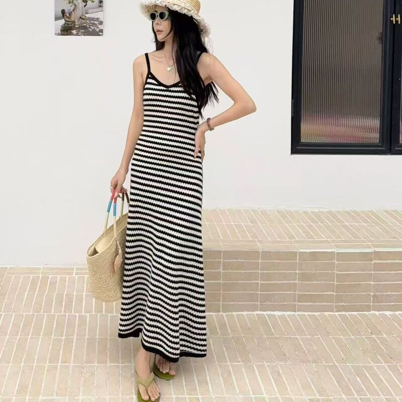Cross-border Korean-style navy blue striped dress with sailor collar for women, summer loose straight cut, slimming, versatile casual mid-length dress Cross-border Korean-style navy blue striped dress with sailor collar for women, summer loose straight cut, slimming, versatile casual mid-length dress