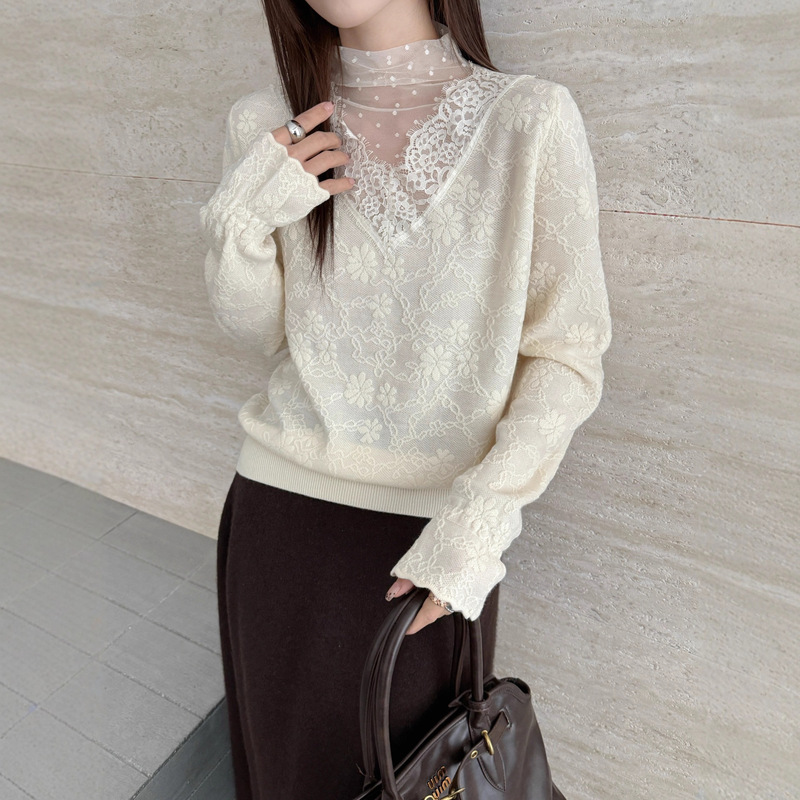 High-Quality Wool Base Shirt with Lace Half-High Collar, Autumn and Winter Stylish Inner Sweater for Women, Real Shot from Puyuan Factory