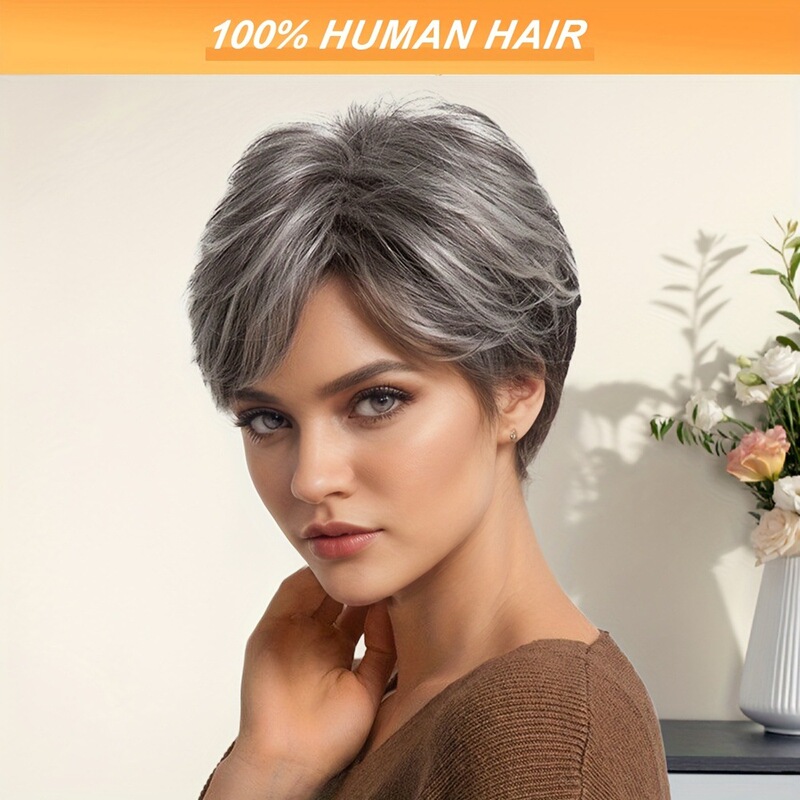 European and American Real Human Hair Wigs, Full Head Set, Dark Gray, Light Gray, Gray Color, Machine-Made, Short Style, No Lace, Cross-Border Curly Short Hair