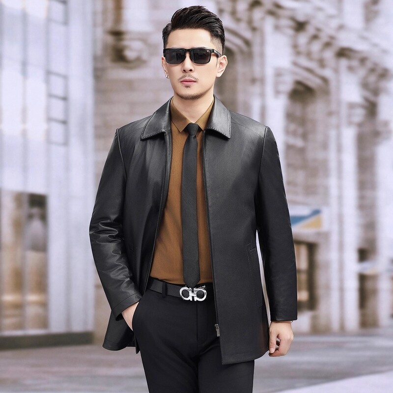 2025 New Haining Genuine Leather Jacket Men's First Layer Cowhide Mid-Length Lapel Leather Jacket down Jacket Winter