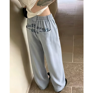 蓝色字母印花阔腿卫裤女秋季新款高腰美式慵懒松弛感宽松跳舞裤子