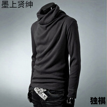 男士个性纯色薄款堆堆领打底衫休闲时尚韩版修身长袖套头针织衫潮