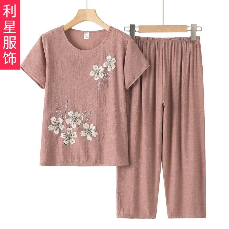 Костюм для бабушки, летняя одежда, женская одежда с принтом, комплект из двух предметов из хлопка и льна с короткими рукавами для мамы