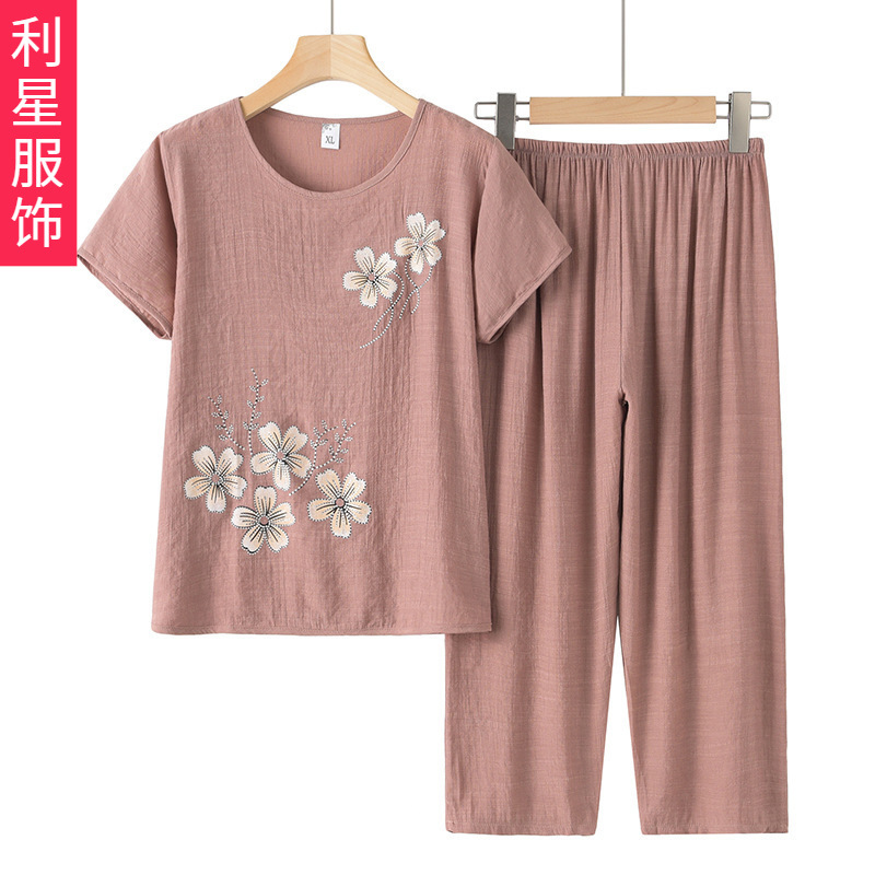 Grandma Summer Suit Printed Elderly Female Mother Short-Sleeved Cotton and Linen Loose Elderly Summer Clothes Two-Piece Set