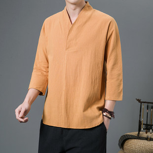 2025 spring and summer Chinese style fashion cotton and linen seven sleeve V-neck men's casual solid color shirt a generation of hair