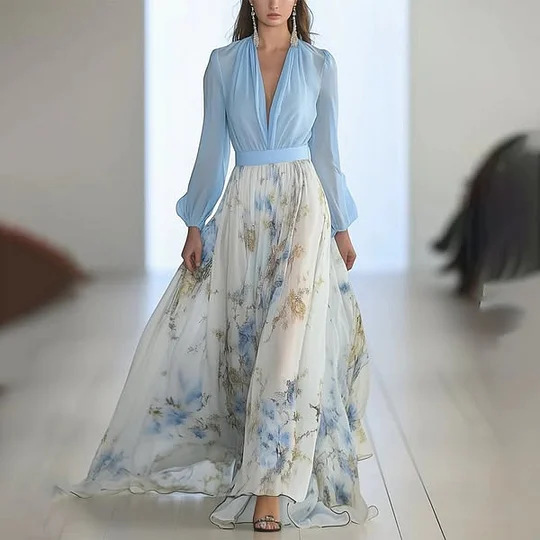 2025欧美女装 亚马逊 独立站 数码印花长袖V领 拼接长裙 连衣裙|undefined