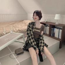 薄款美拉德防晒中长款格子衬衫慵懒长袖上衣复古宽松开衫外穿衬衣